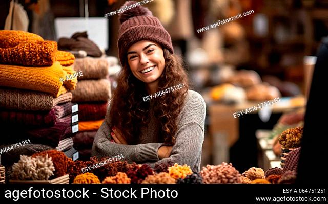 Portrait of smiling young woman in woolen clothes at the market