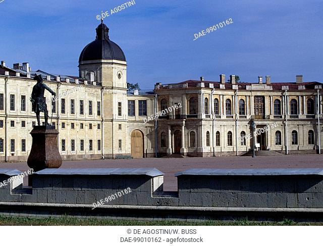 Great Gatchina Palace, 1766-1781, by Antonio Rinaldi (ca 1710-1794), with the Monument to the Emperor Paul I of Russia, 1851, Gatchina