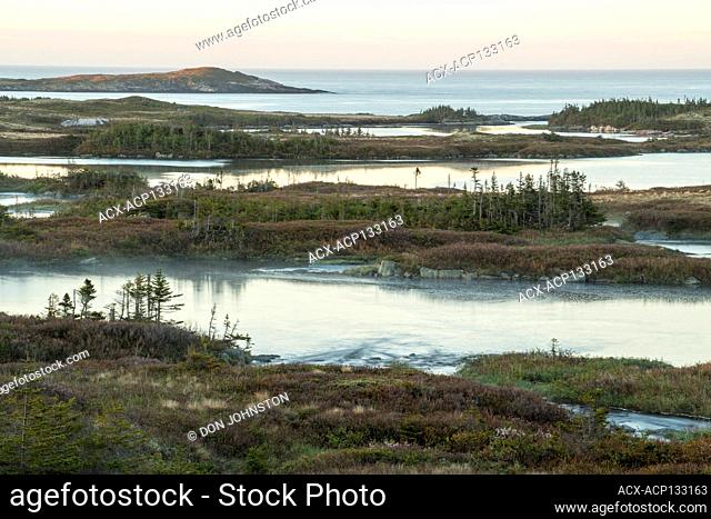 Ponds and treeless terrain at sunrise, near Port of Basques, Newfoundland and Labrador NL, Canada
