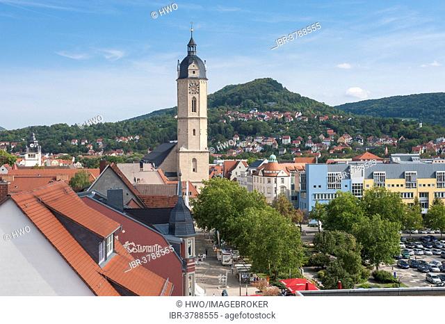 City center with Church of St. Michael, in the back the Hausberg mountain, Jena, Thuringia, Germany