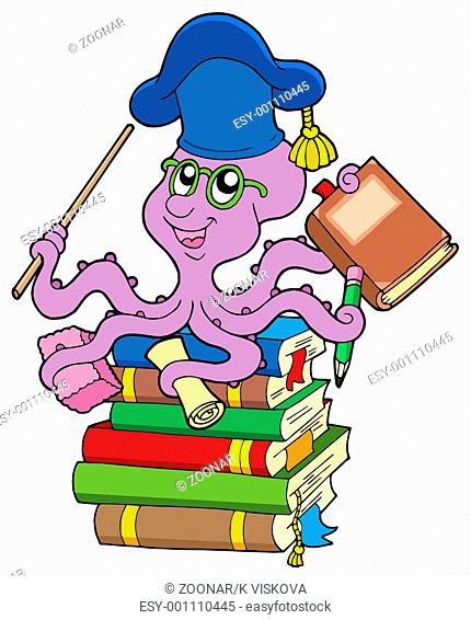 Octopus teacher on pile of books - isolated illustration