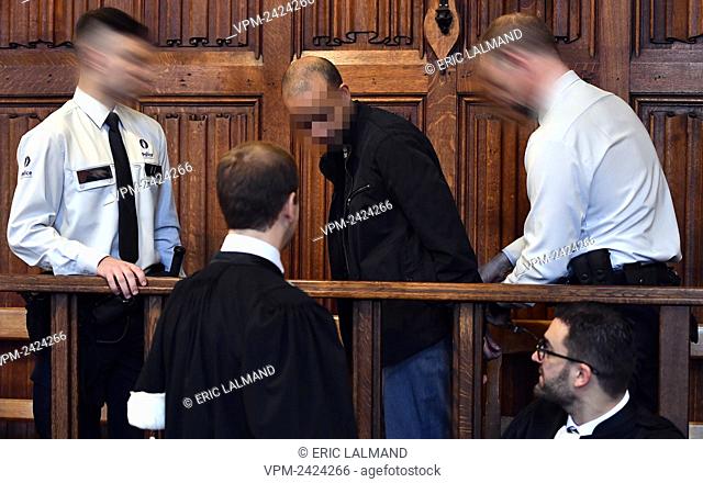 Lawyer Maxim Toller, the accused Mohamed Boughaiout and Lawyer Renaud Molders-Pierre pictured during the jury composition of the assizes trial of Mohamed...