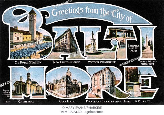 Greetings card from Baltimore, Maryland, USA, with various scenes: Mount Royal Station, New Custom House, Watson Monument, Druid Hill Park