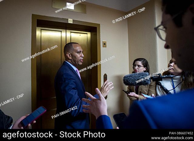 House Democratic Caucus Chair United States Representative Hakeem Jeffries (Democrat of New York) talks with reporters as he departs a press conference by the...