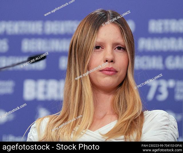 22 February 2023, Berlin: Actress Mia Goth, taken at the press conference for the film ""Infinity Pool"", which runs in the Berlinale Special section of the...