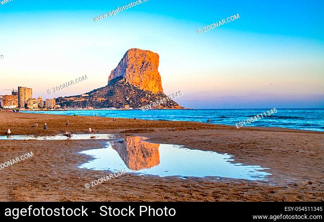 Panoramic view of Calpe beach and Penon de Ifach rock, Valencia, Spain