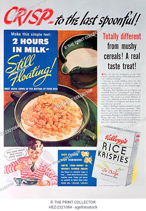 Advert for Kellogg's Rice Krispies, 1939. Rights information: Cleared for Editorial Use Only. Please Contact Us For Any Other Clearance Rights