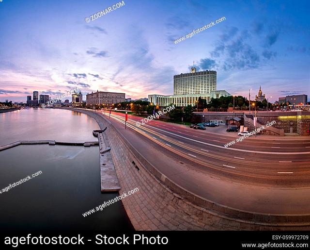 Russian White House and Krasnopresnenskaya Embankment in the Evening, Moscow, Russia
