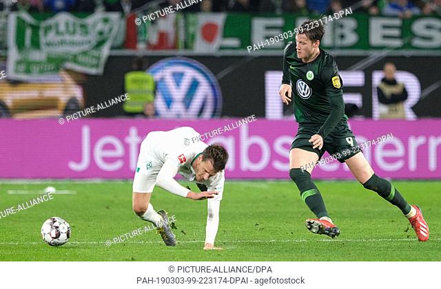 03 March 2019, Lower Saxony, Wolfsburg: Soccer: Bundesliga, 24 Matchday: VfL Wolfsburg - Werder Bremen in the Volkswagen Arena