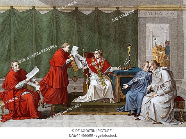 Pope Pius VII delivering the agreement reached between the Holy See and the French Government to Cardinal Consalvi, engraving by Antonio Verico (born 1775)