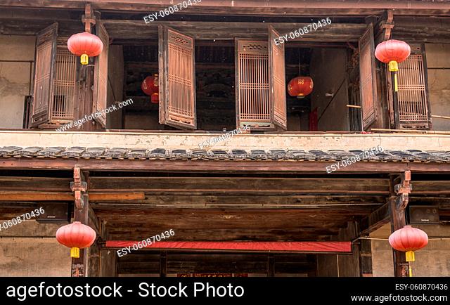 Traditional chinese lanterns decorate Tulou at Unesco heritage site near Xiamen