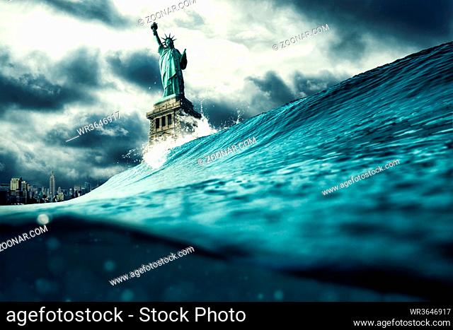 Statue of liberty under attack illustration. Global warming, democracy and crisis concept