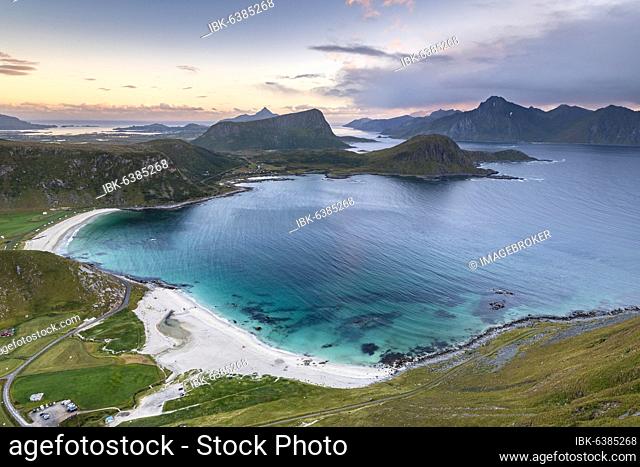 View to the beach of Haukland, mountains and fjord, Leknes, Lofoten, Norway, Europe