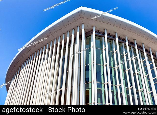 Facade with tall white columns of concert hall in Luxembourg city