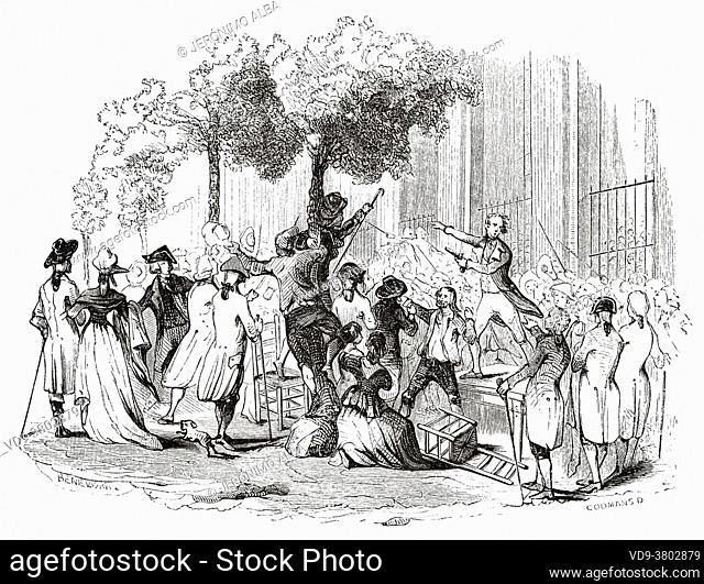 Camille Desmoulins (1760-1794) at the Palais Royal. Paris. France, French Revolution 18th century. Old engraved illustration from Histoire de la Revolution...