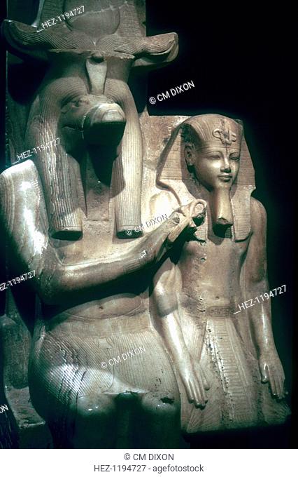 The crocodile-god Sobek (Sebek) with Pharaoh Amenhotep III, Sobek Temple, Dakamsha near Luxor, Egypt, 18th Dynasty. Amenophis III reigned between 1403 BC and...