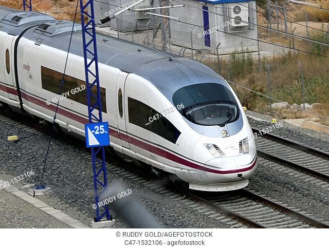 Spain, Catalonia, Lleida province, High Speed Train, AVE Serie 103 near Vinaixa