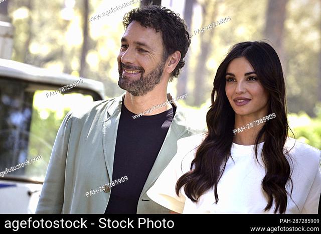 Raoul Bova and Francesca Chillemi, attends a photocall for the movie ""Cip e Ciop Agenti Speciali"" at Villa Borghese on May 16, 2022 in Rome, Italy