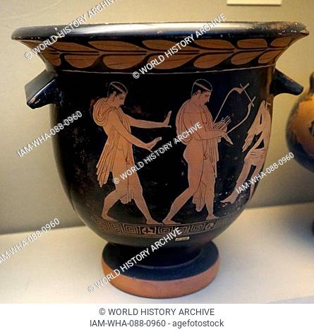 Red-figured bell-krater depicting three revellers from ancient Greece. Dated 5th Century BC