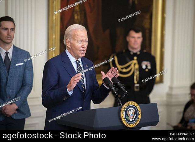 United States President Joe Biden offers remarks as he welcomes the Houston Astros to the East Room of the White House to honor their 2022 World Series victory