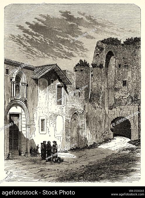 Dolabella and Silano arch and gate to Trinitarian monastery, Rome. Italy, Europe. Trip to Rome by Francis Wey 19Th Century