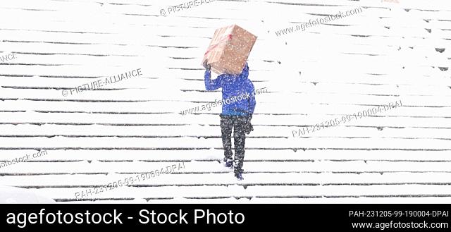 05 December 2023, Hamburg: A parcel carrier carries a parcel up a flight of stairs in a snowstorm to the Ìberseebrücke in the harbor