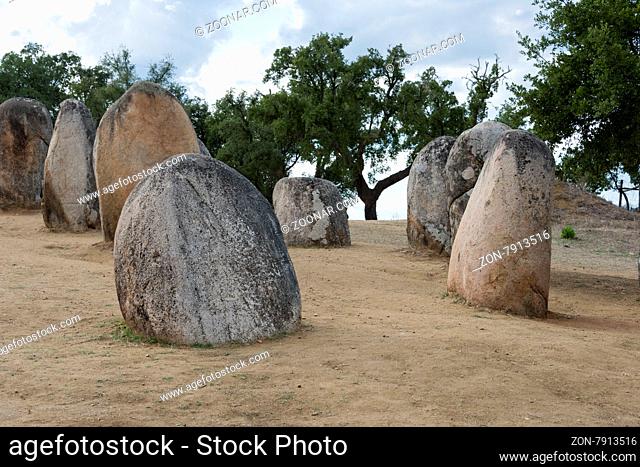Menhirs in megalithic monument of Cromelech dos Almendres - Evora -Portugal
