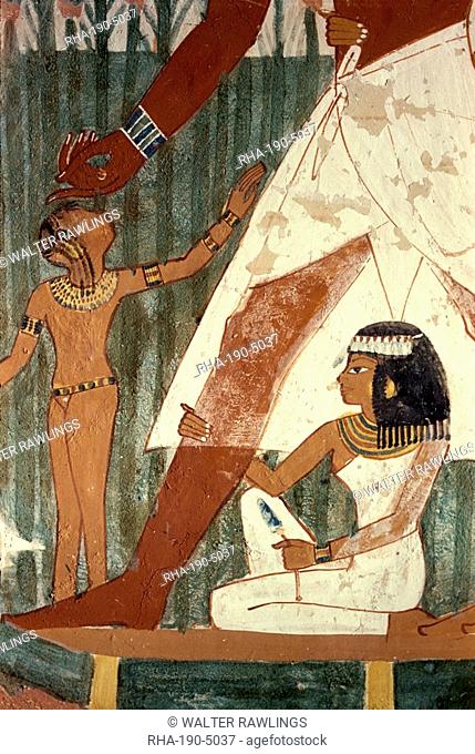 Detail of fresco depicting a duck hunt in the marshes, with the daughter of Sheikh Abd el-Kurna holding his leg on bound papyrus raft, tomb of Nakht
