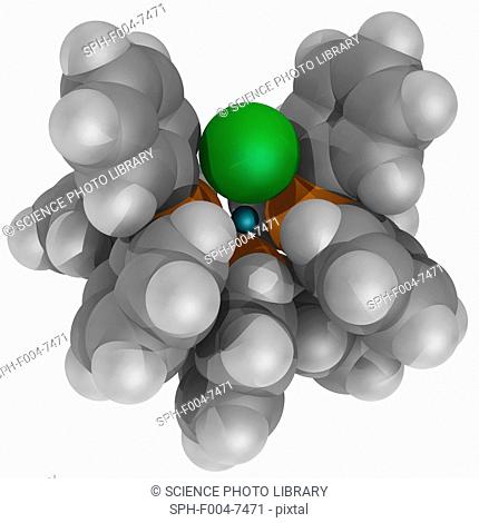 Wilkinson's catalyst, molecular model. Metal complex used for catalyzing the hydrogenation of alkenes. Atoms are represented as spheres and are colour-coded:...