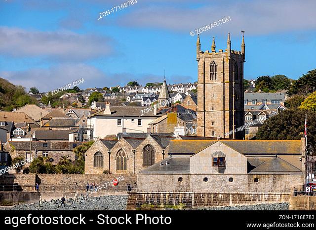 ST IVES, CORNWALL, UK - MAY 13 : View of the church at St Ives, Cornwall on May 13, 2021. Unidentified people