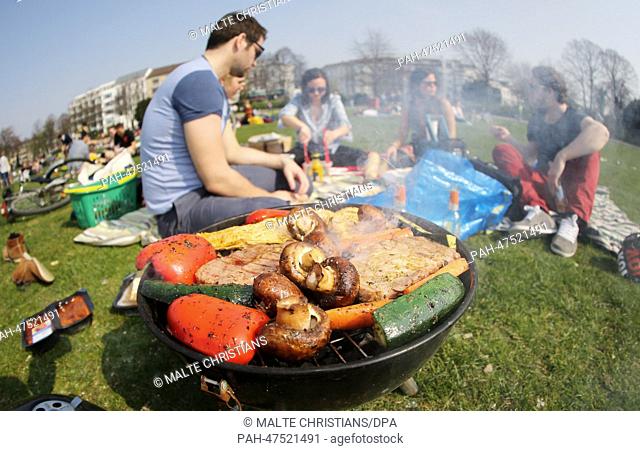 Strollers lie and picknick at the river Alster in Hamburg, Germany, 30 March 2014. The sun is out and the temperatures are around 19°C