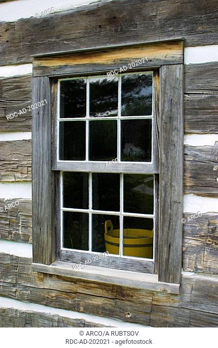 Window of wooden hut, Ball's Falls Conservation Area, Niagara region, Ontario, Canada, log cabin