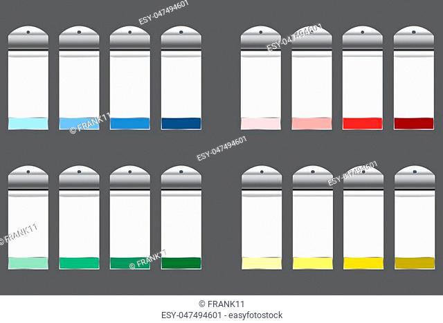 Sets of infographic rectangular white charts with metal labels on hanging ready for your text. Each set of four charts is designed with another color with...
