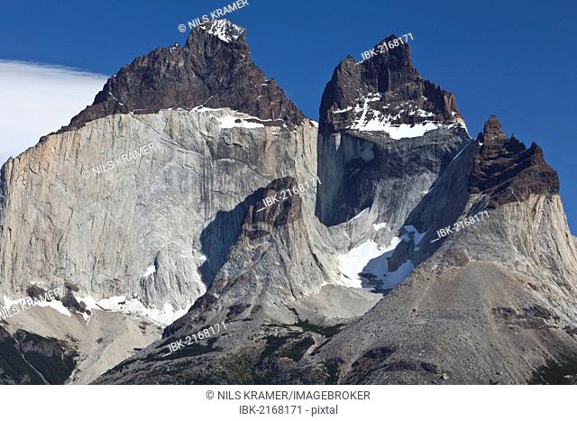 Dark peaks, Cuernos del Paine granite mountains, Torres del Paine National Park, Lake Pehoe, Magallanes Antarctica region, Patagonia, Chile, South America