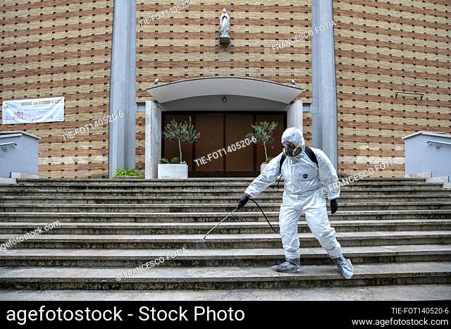 Nostra Signora of Lourdes church sanitized by military disinfectors of the Italian Army and Ama in view of the resumption of religious services , Rome