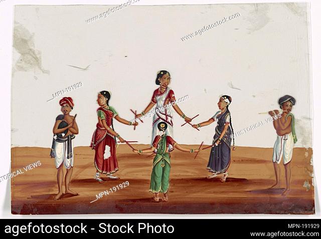 2 male musicians and 4 dancing/playing girls with sticks in circle. Indian coloured drawings: a collection of 177 original paintings on ""talc, "" etc