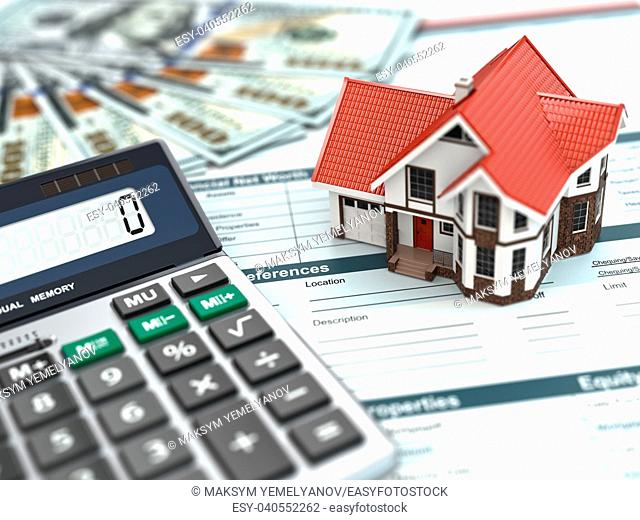 Mortgage calculator. House, noney and document. 3d
