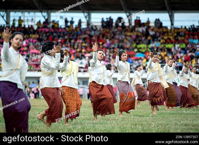 traditional thai Dance at the traditional Elephant Round Up Festival in the city of Surin in Isan in Thailand. Thailand, Isan, Surin, November, 2017