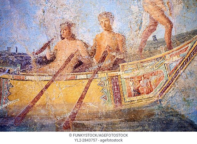 Roman Fresco with a boat decorated for a festival and marine life from the second quarter of the first century AD. (mosaico fauna marina da porto fluviale di...