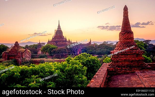 Bagan Myanmar, Pagodas, and temples of Bagan, in Myanmar, formerly Burma, a world heritage site during sunrise
