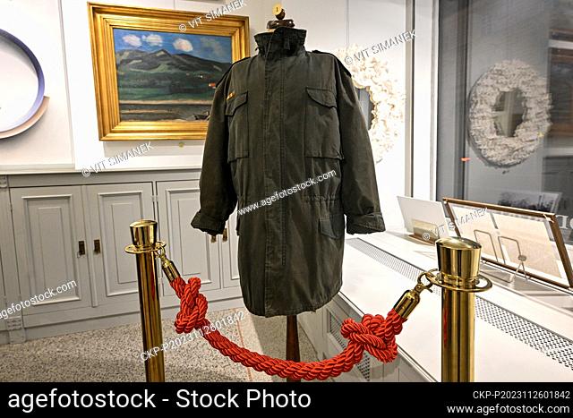 Vaclav Havel's coat on display within the pre-auction exhibition at the Kodl Gallery in Prague, Czech Republic, on November 25, 2023