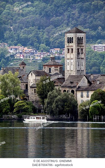 The bell tower and the lantern tower, basilica of San Giulio, San Giulio Island, Orta San Giulio, Lake Orta, Piedmont, Italy