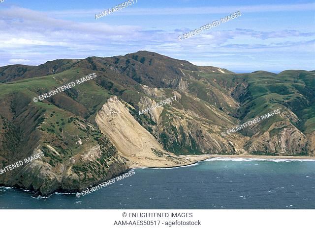 Aerial view of landslide on the northeast coast of Santa Cruz Island, Channel Islands, California