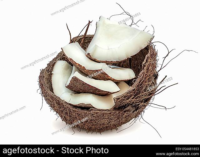 Coconut pulp in shell isolated on white background