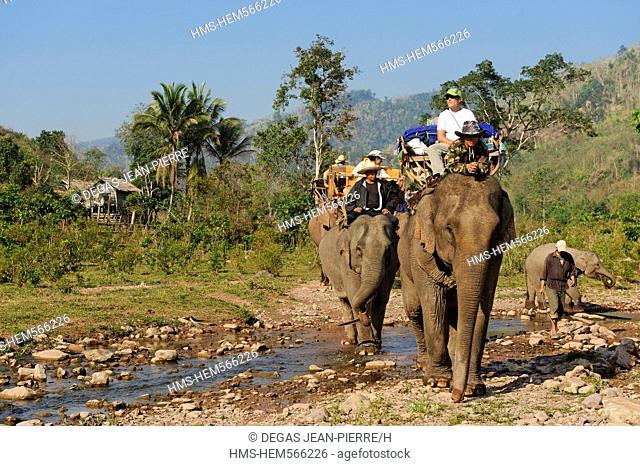 Laos, Sainyabuli Province, Thanoon Nam Thap River, caravan of elephants and their passengers on a palanquin on a river