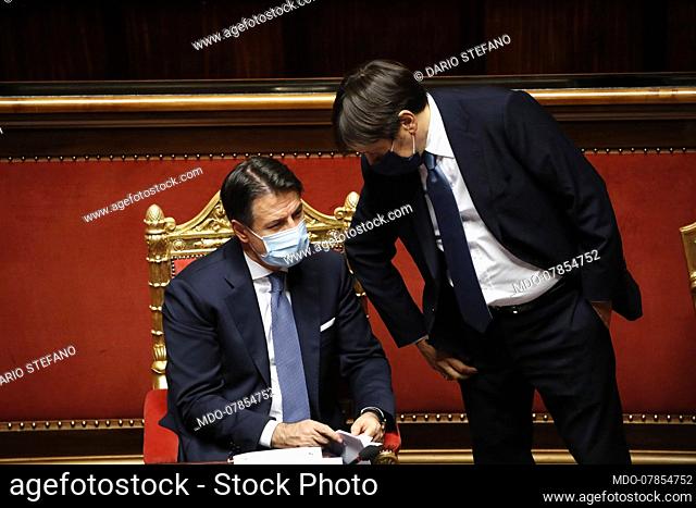 Italian Prime Minister Giuseppe Conte and italian Senator Dario Stefano during the session in the Senate Chamber for Communications in view of the European...