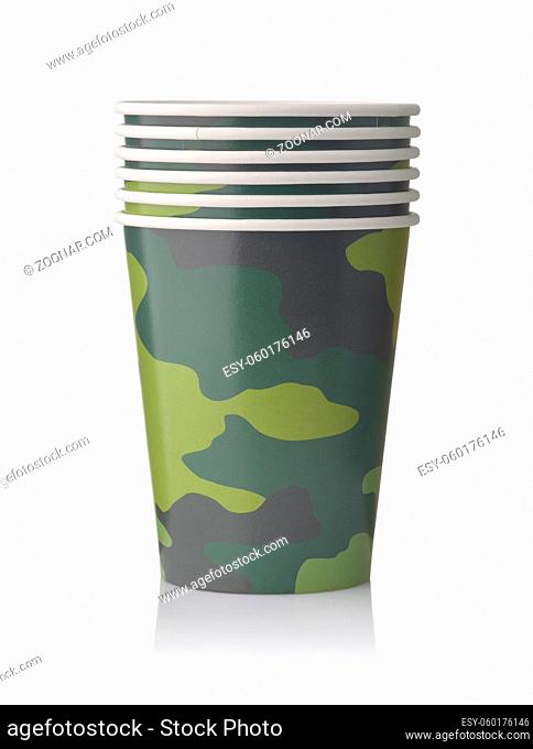 Stack of paper disposable camouflage cups isolated on white