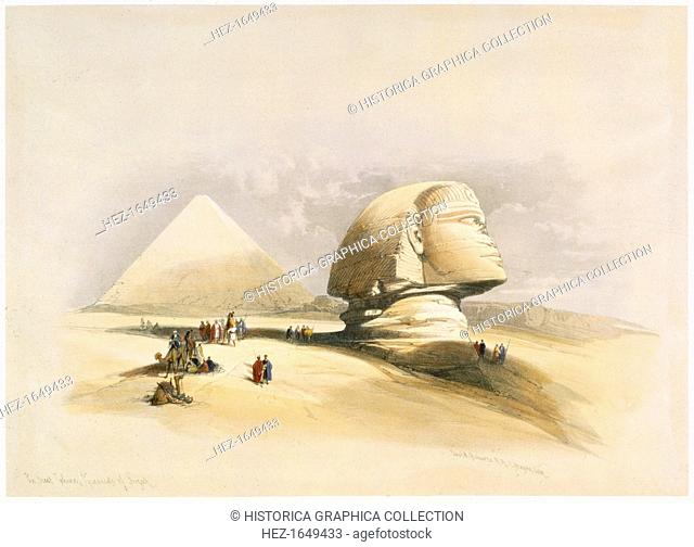The Great Sphinx and the Pyramids of Giza, 19th century. The Sphinx is located on the Giza Plateau with the three pyramids of Khufu (Cheops)
