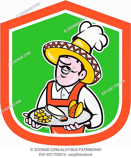 Illustration of a cartoon Mexican chef cook wearing chef hat and sombrero serving plate full of tacos burrito and corn chips set inside shield crest on isolated...