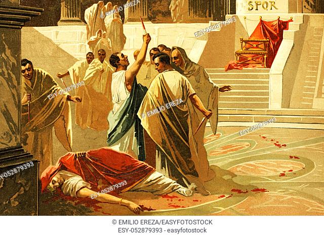 Death of Gaius Julius Caesar, Roman emperor. 100 B. C. -44 B. C. Antique illustration. Book of history. 1897
